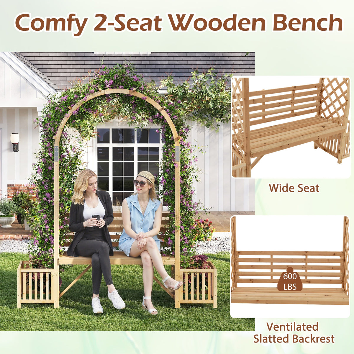 Garden Bench Arbor Arch Wooden Garden Arbor for Climbing Plants-Natural-Garden Arbors-DECOROLALA