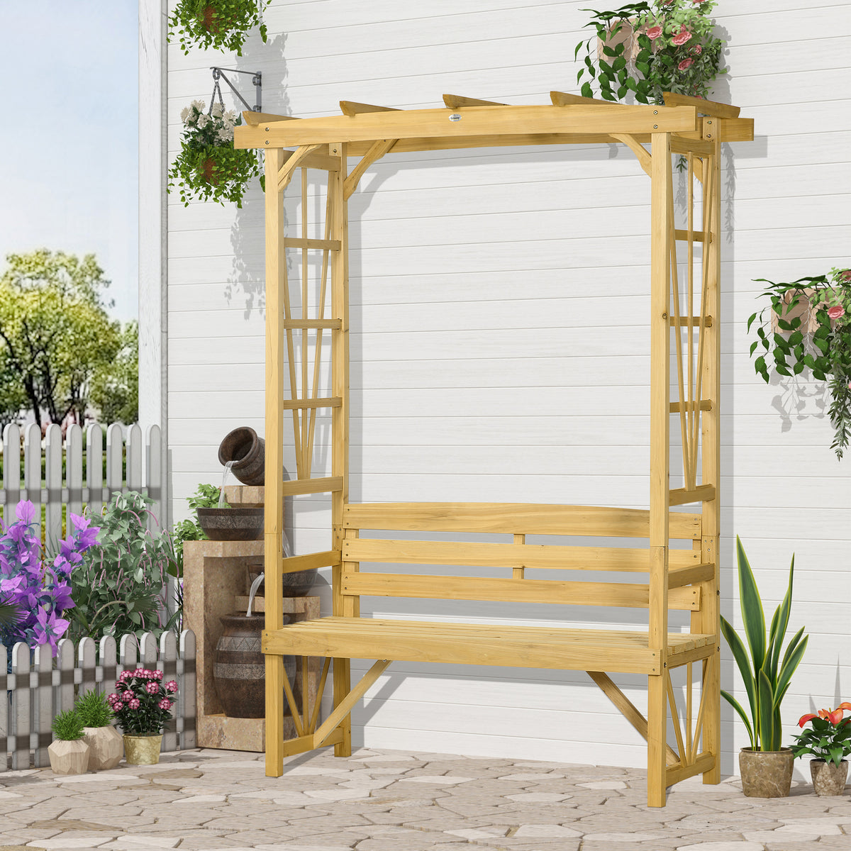 Garden Bench Arch - Fir Wood Light Brown 79.9"H-Outdoor Benches-DECOROLALA