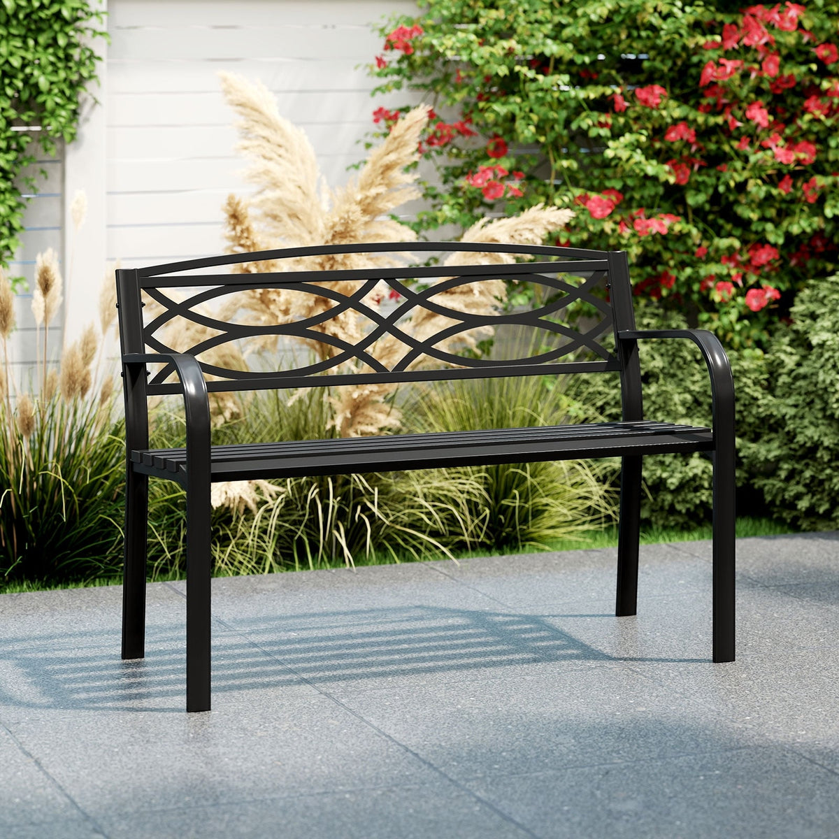 Garden Bench with Curved Armrests and Backrest-Black-Outdoor Benches-DECOROLALA