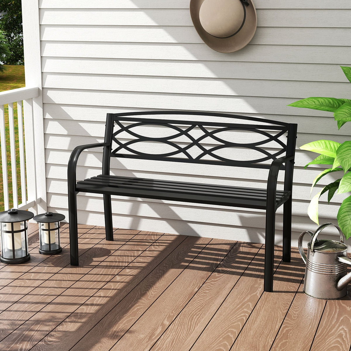 Garden Bench with Curved Armrests and Backrest-Black-Outdoor Benches-DECOROLALA