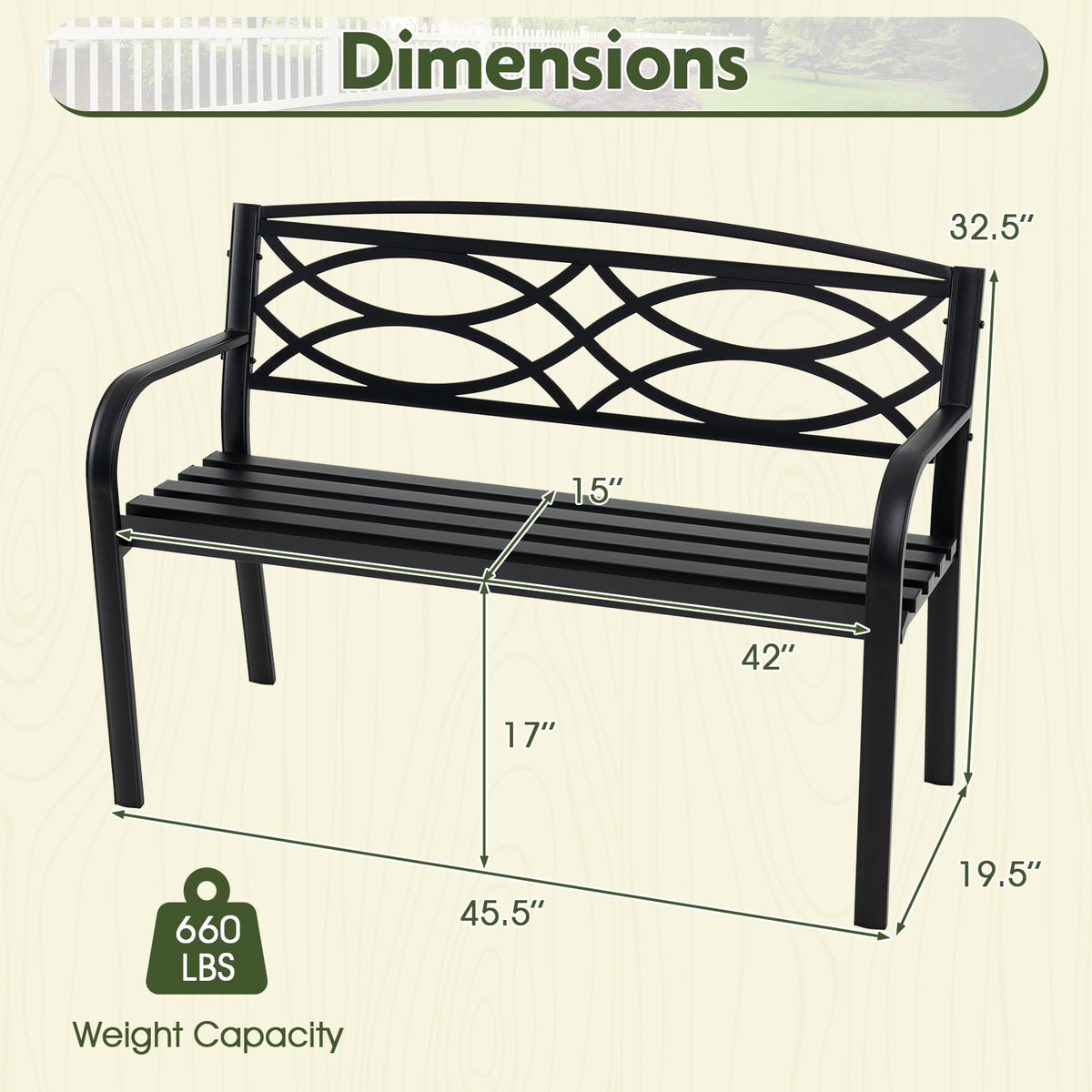 Garden Bench with Curved Armrests and Backrest-Black-Outdoor Benches-DECOROLALA