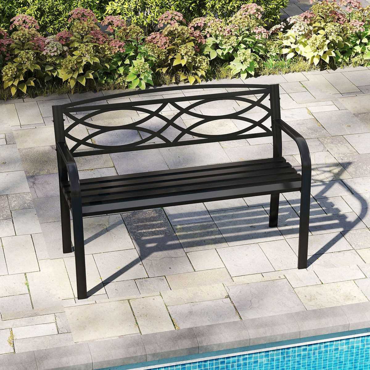 Garden Bench with Curved Armrests and Backrest-Black-Outdoor Benches-DECOROLALA