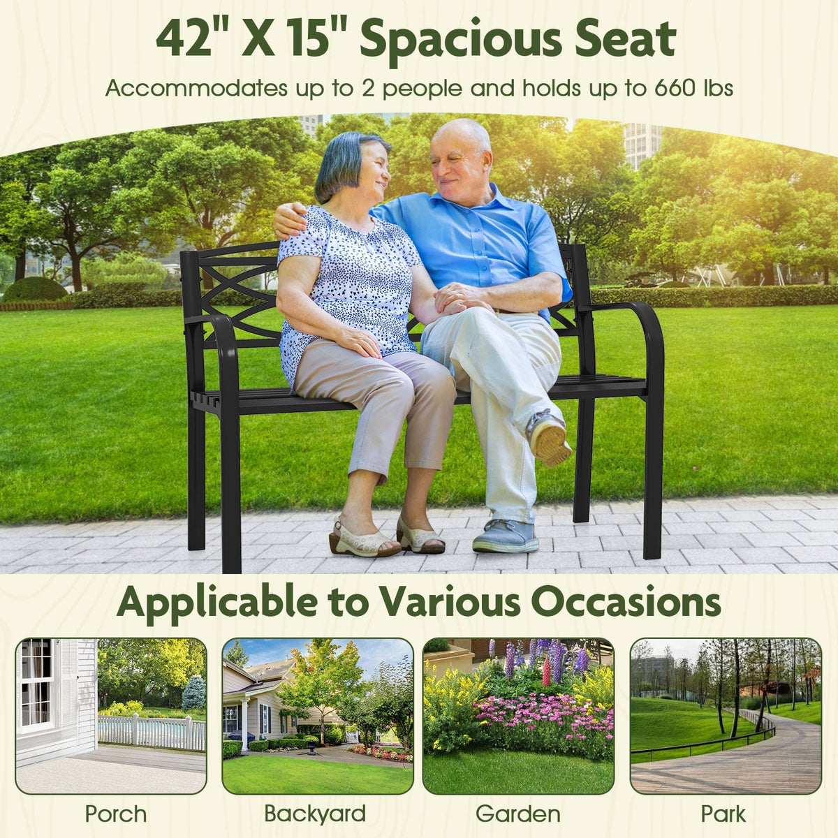 Garden Bench with Curved Armrests and Backrest-Black-Outdoor Benches-DECOROLALA