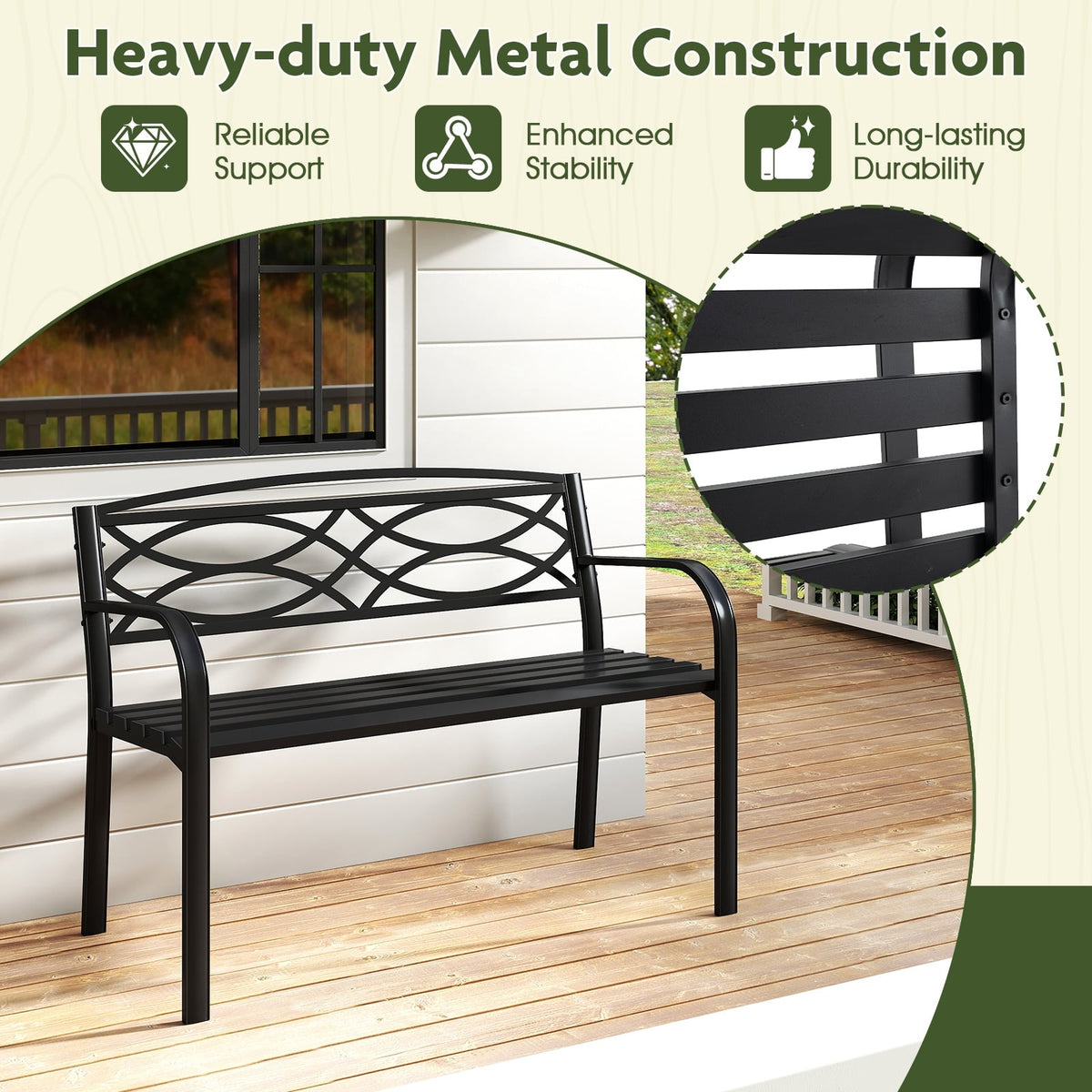Garden Bench with Curved Armrests and Backrest-Black-Outdoor Benches-DECOROLALA