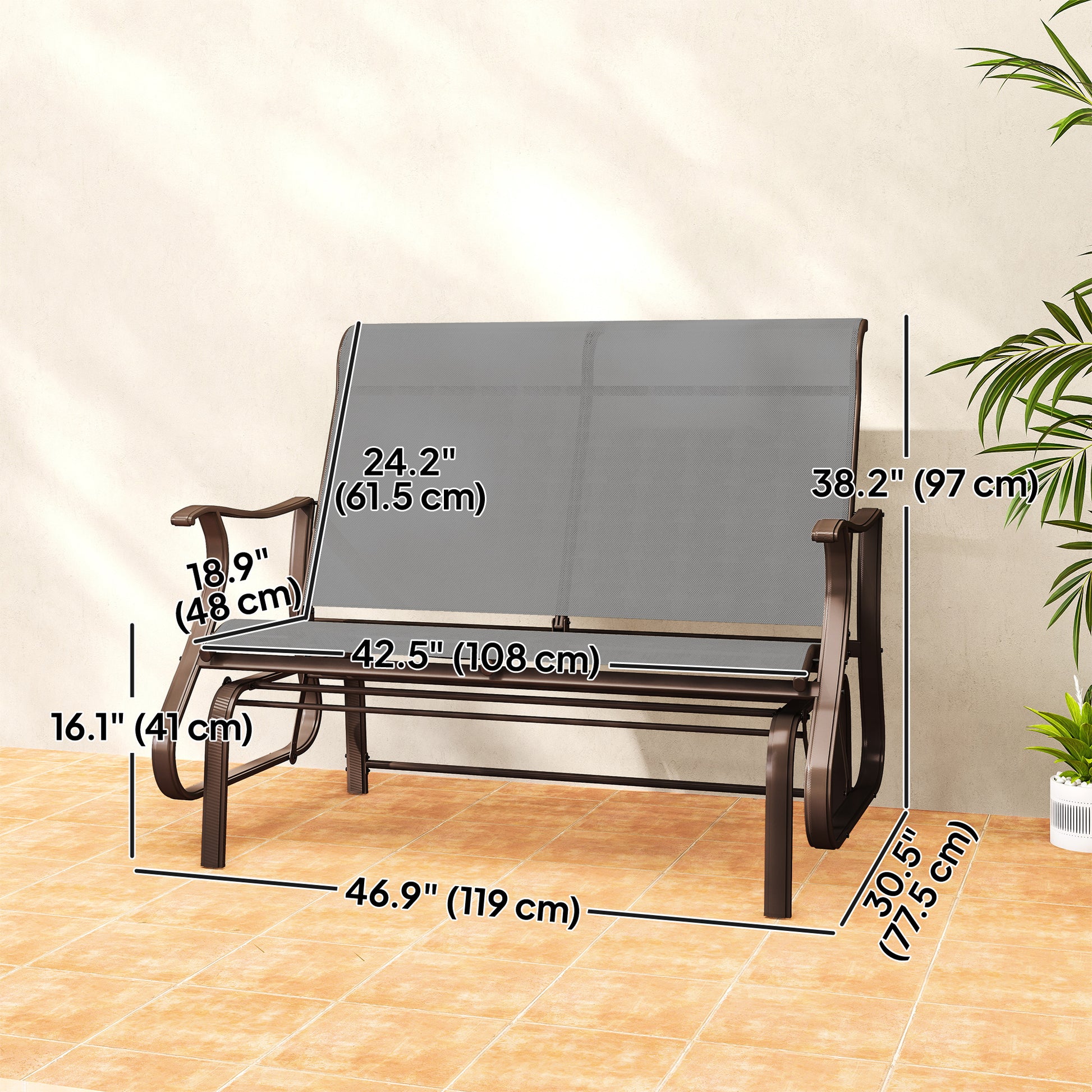 Garden Double Gliding Chair, Outdoor Patio Mesh Glider, Steel Grey, 46.75"W-DECOROLALA