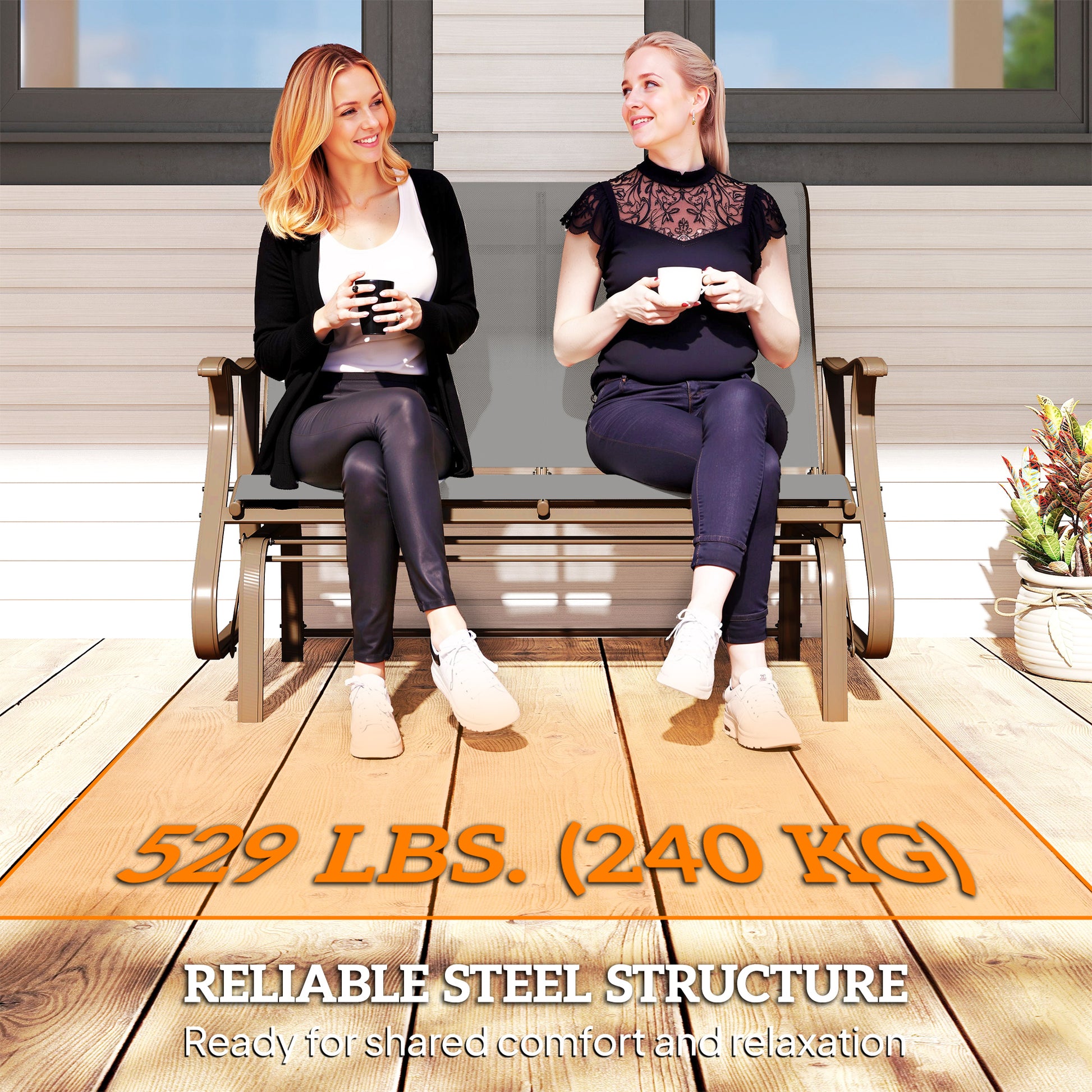 Garden Double Gliding Chair, Outdoor Patio Mesh Glider, Steel Grey, 46.75"W-DECOROLALA