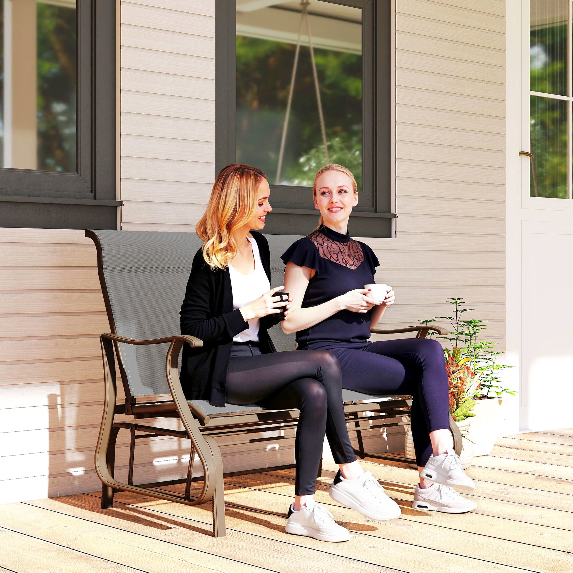 Garden Double Gliding Chair, Outdoor Patio Mesh Glider, Steel Grey, 46.75"W-DECOROLALA