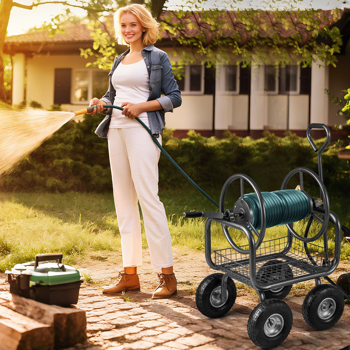 Garden Hose Reel Cart 300 Feet Large Capacity with 4 Wheels and Storage Basket-Gray-Watering & Irrigation-DECOROLALA