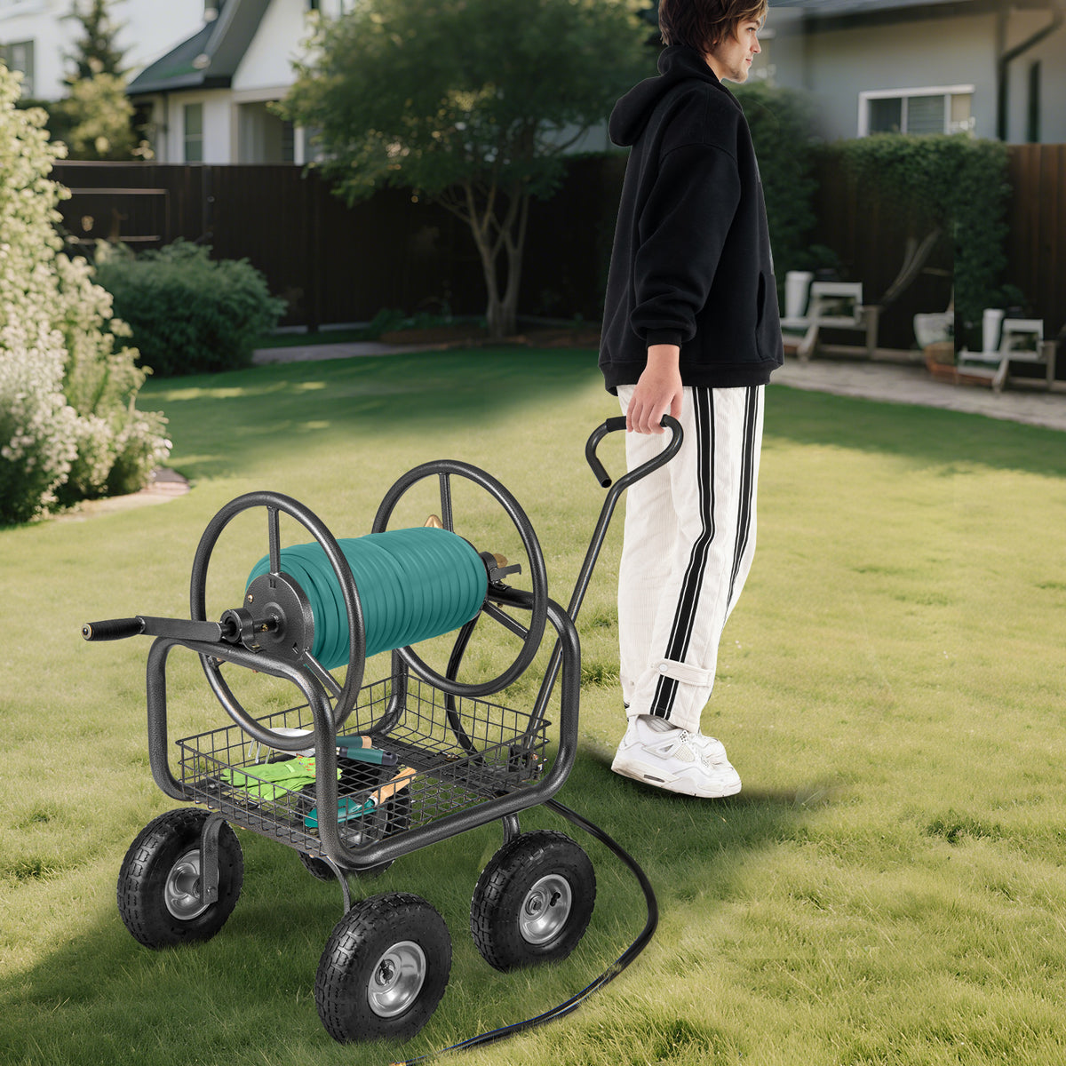 Garden Hose Reel Cart 300 Feet Large Capacity with 4 Wheels and Storage Basket-Gray-Watering & Irrigation-DECOROLALA