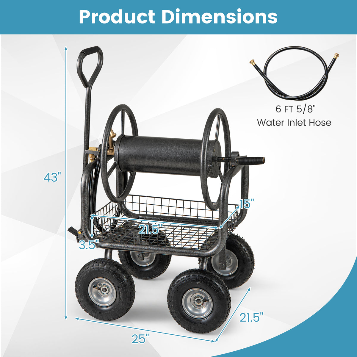 Garden Hose Reel Cart 300 Feet Large Capacity with 4 Wheels and Storage Basket-Gray-Watering & Irrigation-DECOROLALA