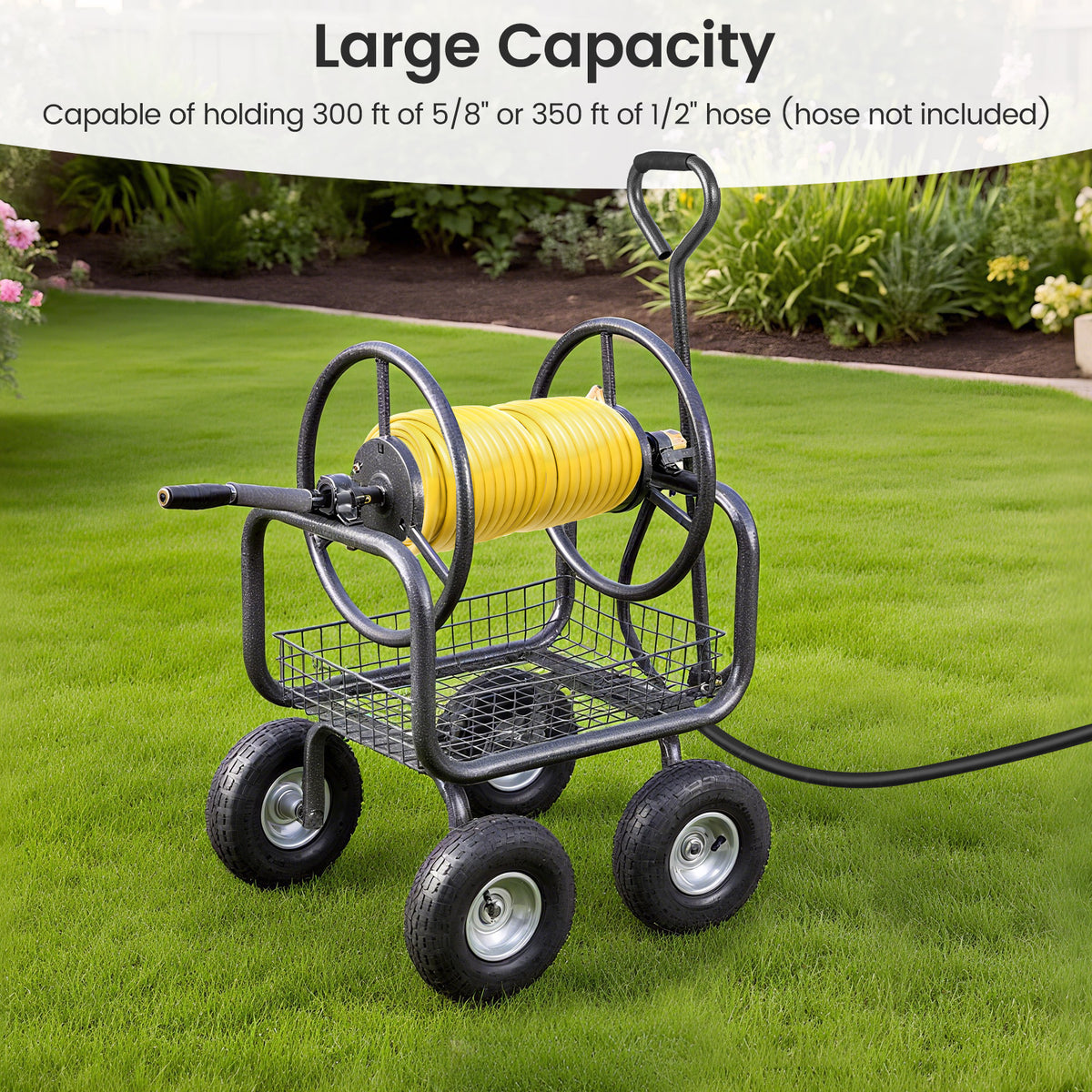 Garden Hose Reel Cart 300 Feet Large Capacity with 4 Wheels and Storage Basket-Gray-Watering & Irrigation-DECOROLALA