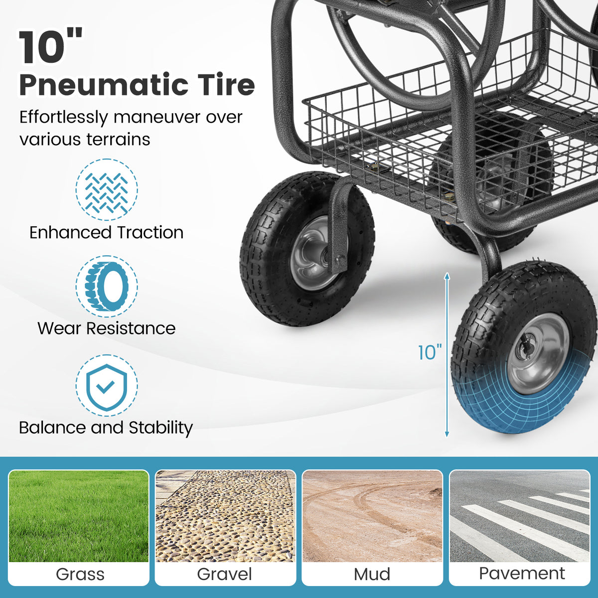 Garden Hose Reel Cart 300 Feet Large Capacity with 4 Wheels and Storage Basket-Gray-Watering & Irrigation-DECOROLALA