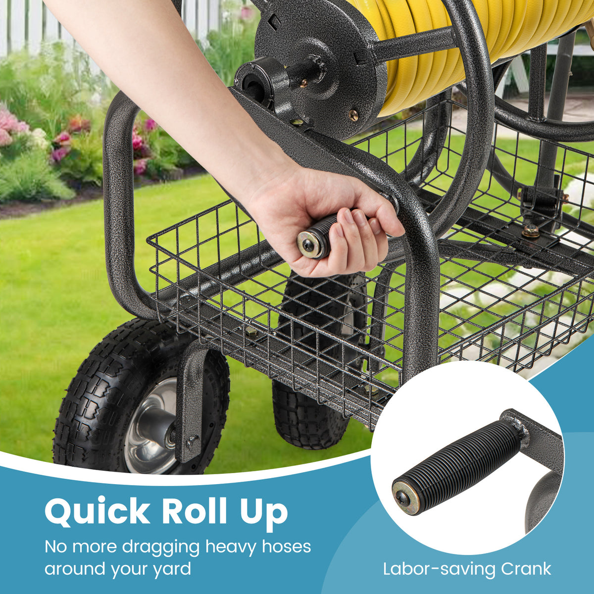 Garden Hose Reel Cart 300 Feet Large Capacity with 4 Wheels and Storage Basket-Gray-Watering & Irrigation-DECOROLALA