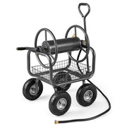 Garden Hose Reel Cart 300 Feet Large Capacity with 4 Wheels and Storage Basket-Gray-Watering & Irrigation-DECOROLALA