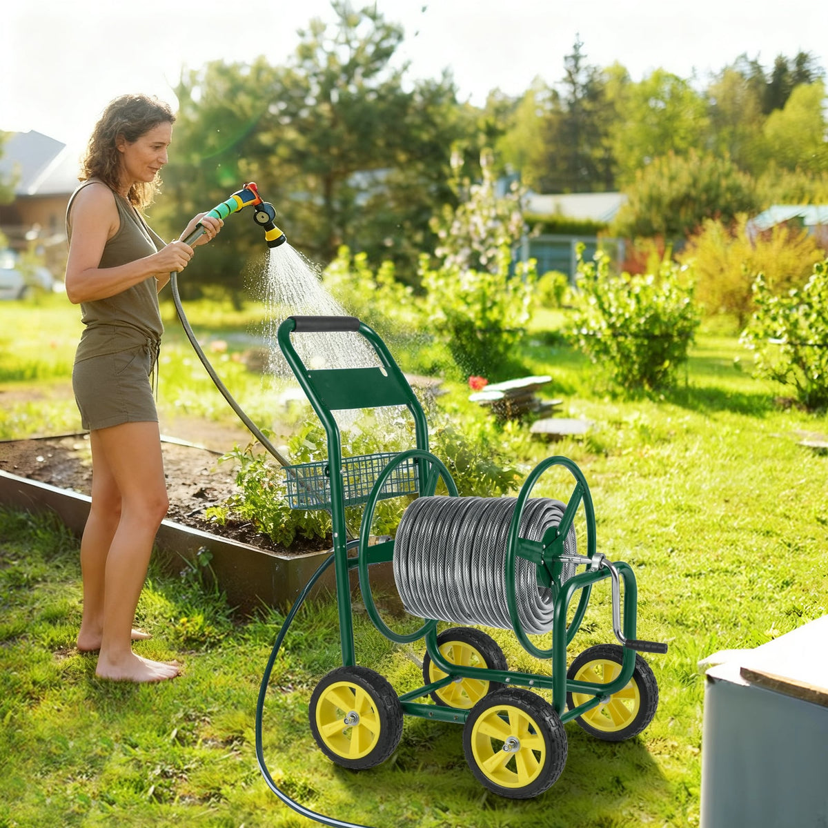 Garden Hose Reel Cart Metal Hose Cart with 4 Wheels and Storage Basket-Green-Watering & Irrigation-DECOROLALA