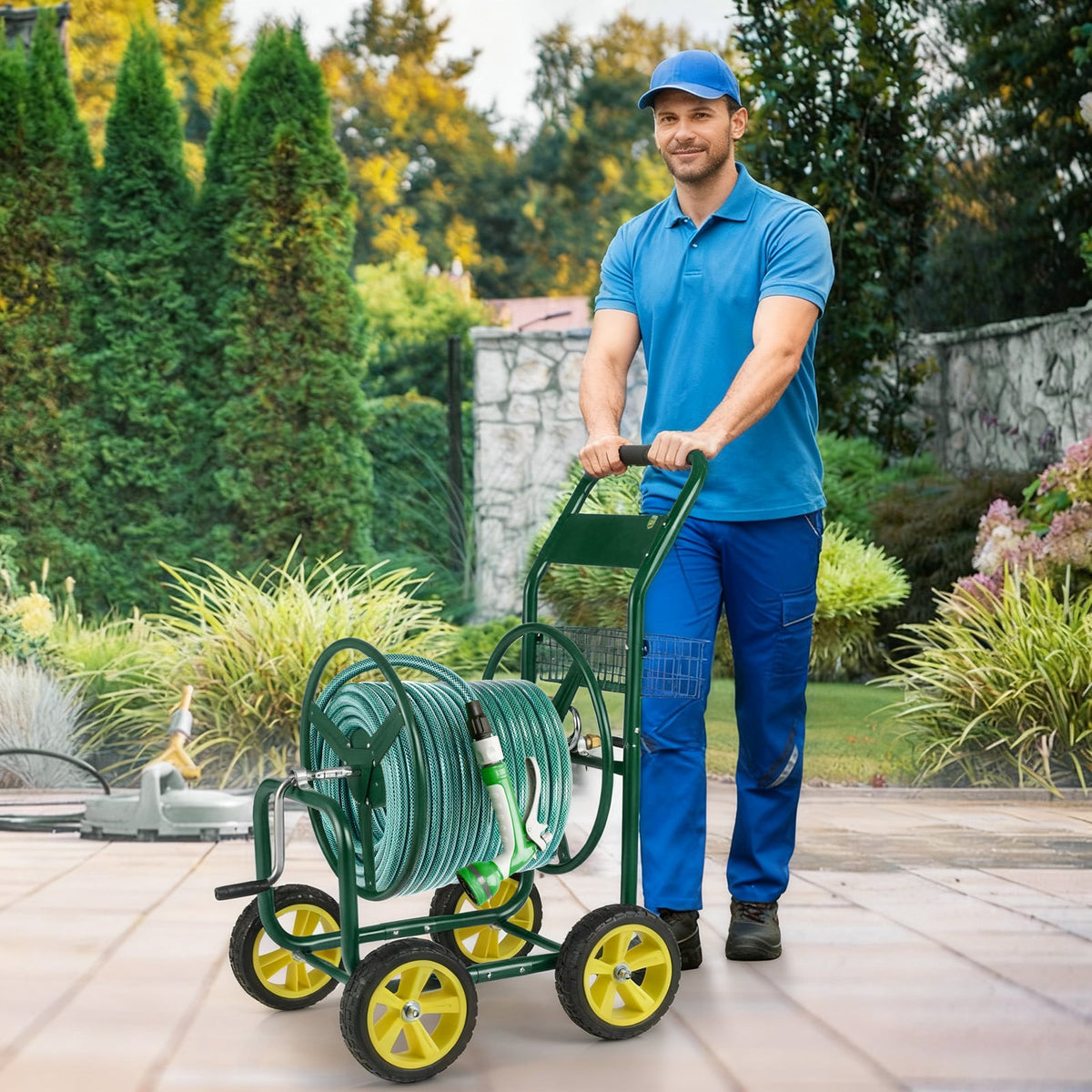 Garden Hose Reel Cart Metal Hose Cart with 4 Wheels and Storage Basket-Green-Watering & Irrigation-DECOROLALA