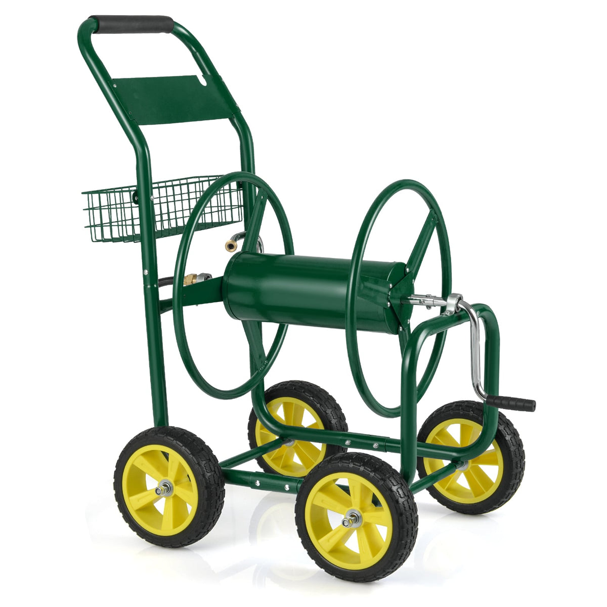 Garden Hose Reel Cart Metal Hose Cart with 4 Wheels and Storage Basket-Green-Watering & Irrigation-DECOROLALA