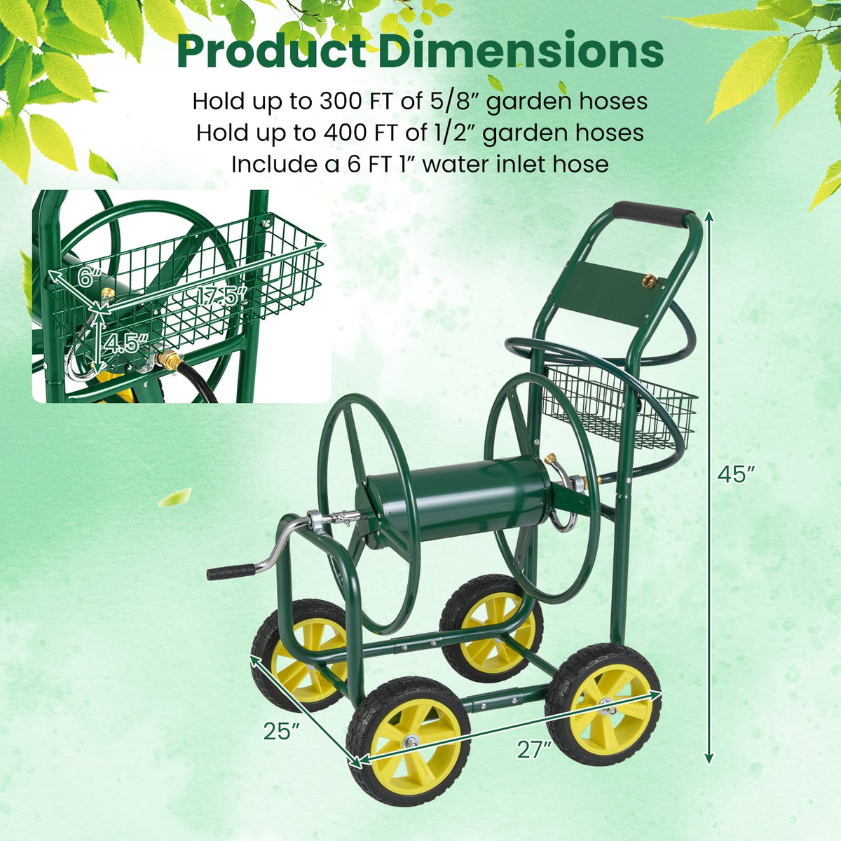 Garden Hose Reel Cart Metal Hose Cart with 4 Wheels and Storage Basket-Green-Watering & Irrigation-DECOROLALA