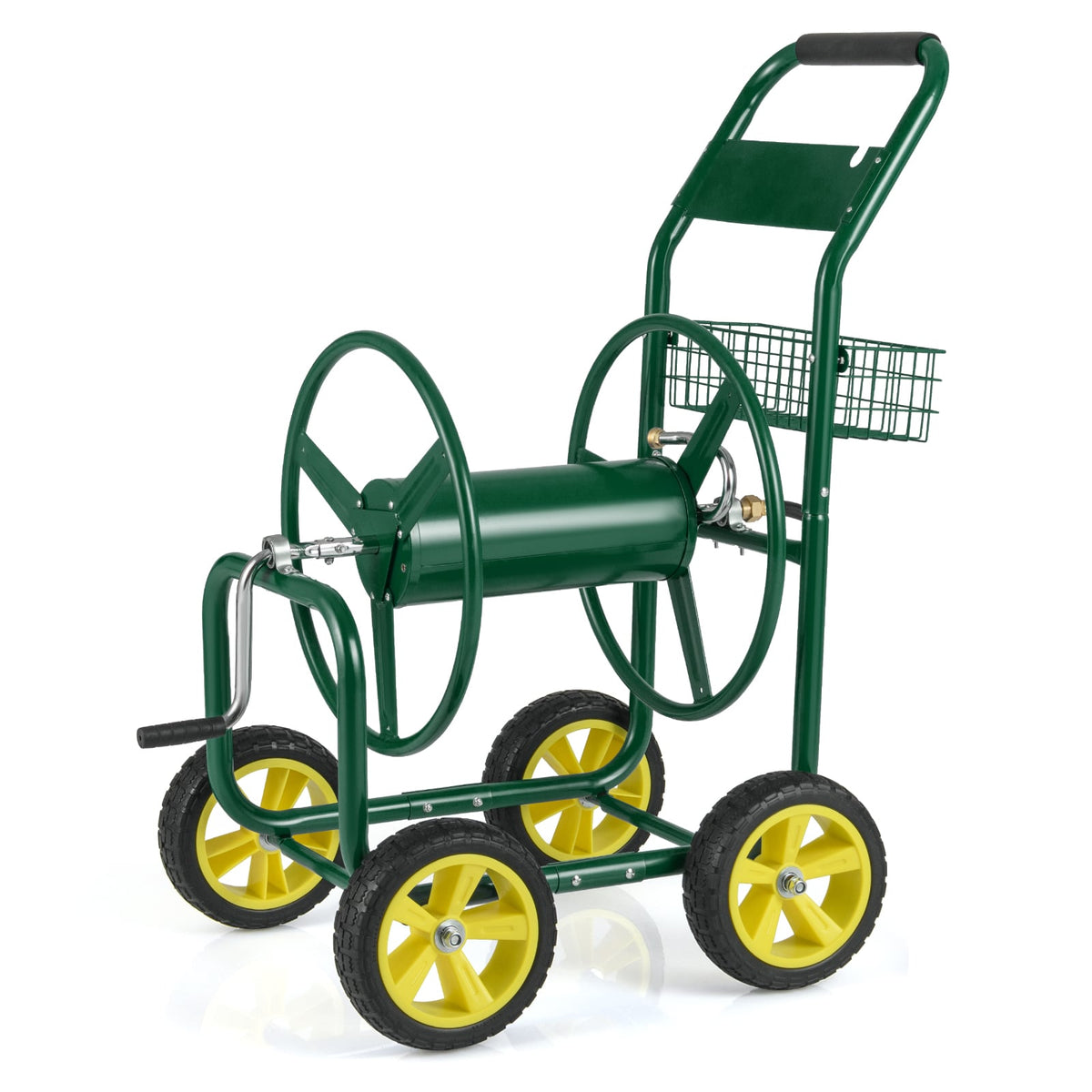 Garden Hose Reel Cart Metal Hose Cart with 4 Wheels and Storage Basket-Green-Watering & Irrigation-DECOROLALA