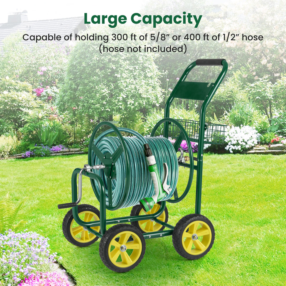 Garden Hose Reel Cart Metal Hose Cart with 4 Wheels and Storage Basket-Green-Watering & Irrigation-DECOROLALA