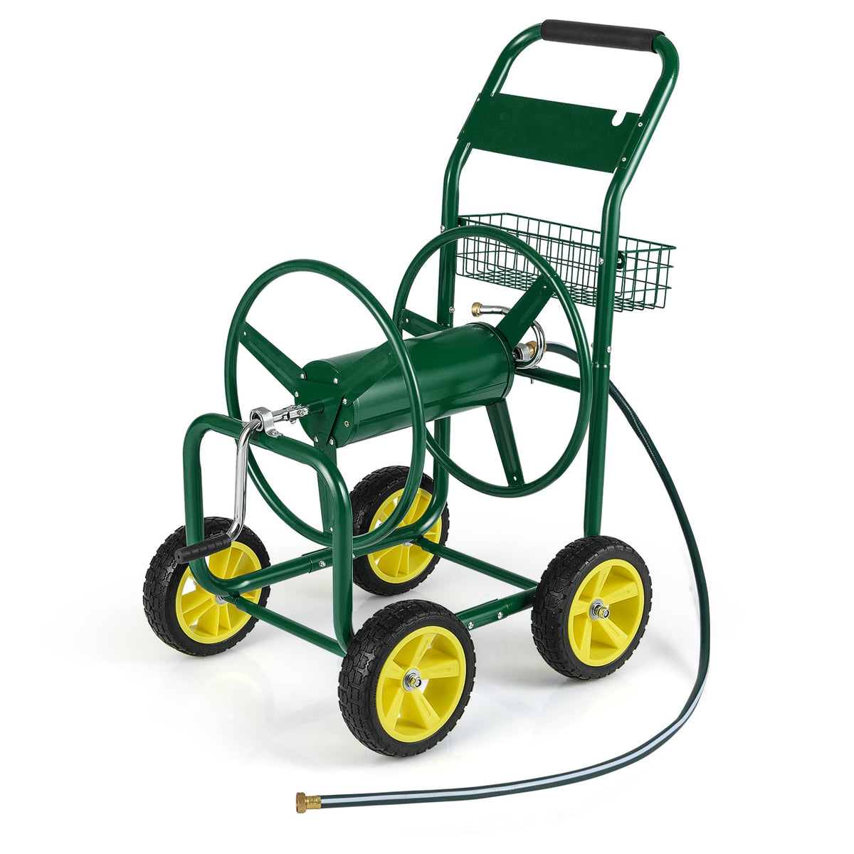 Garden Hose Reel Cart Metal Hose Cart with 4 Wheels and Storage Basket-Green-Watering & Irrigation-DECOROLALA