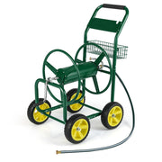 Garden Hose Reel Cart Metal Hose Cart with 4 Wheels and Storage Basket-Green-Watering & Irrigation-DECOROLALA