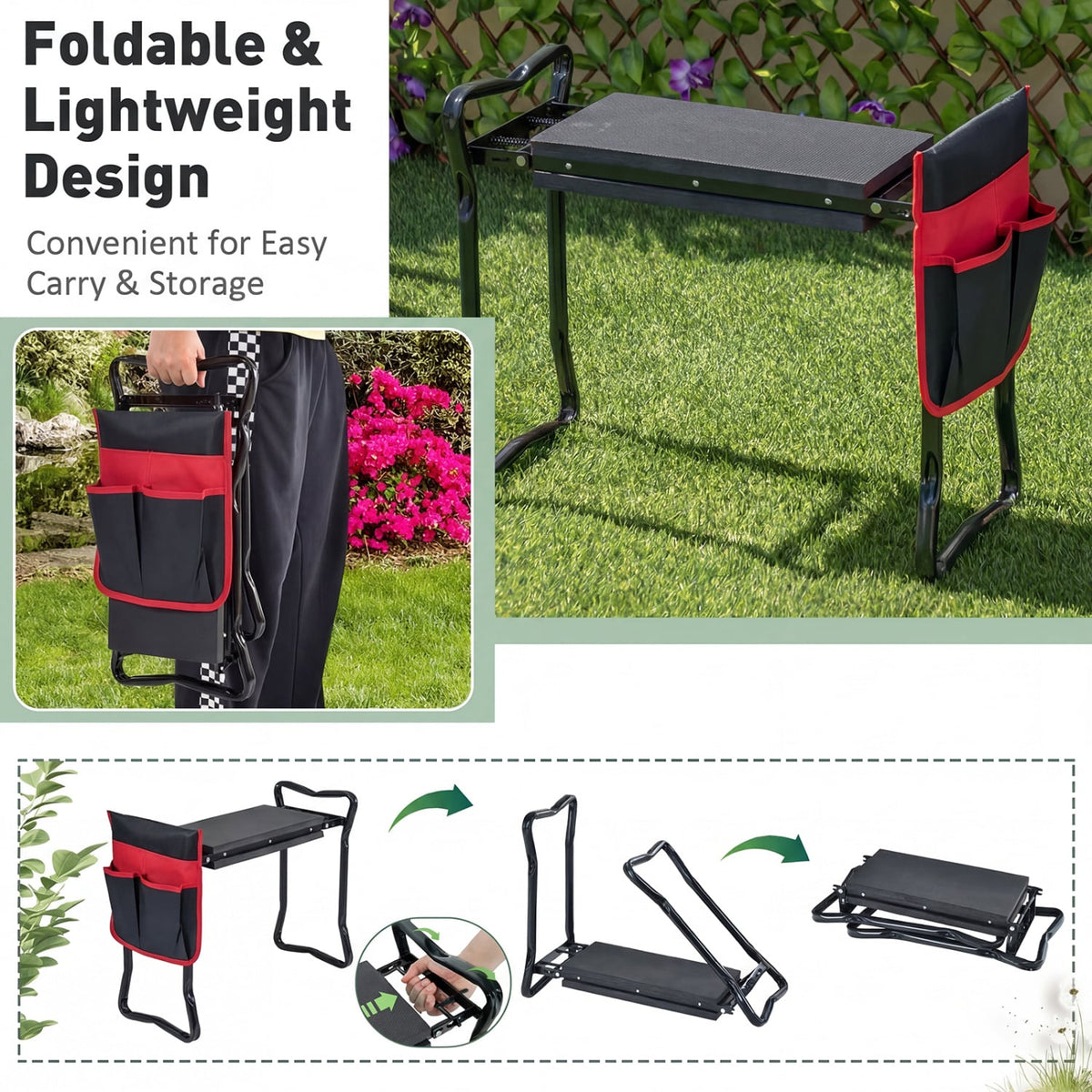 Garden Kneeler and Seat Folding Sturdy Gardening Stool-Black-Garden Tools-DECOROLALA