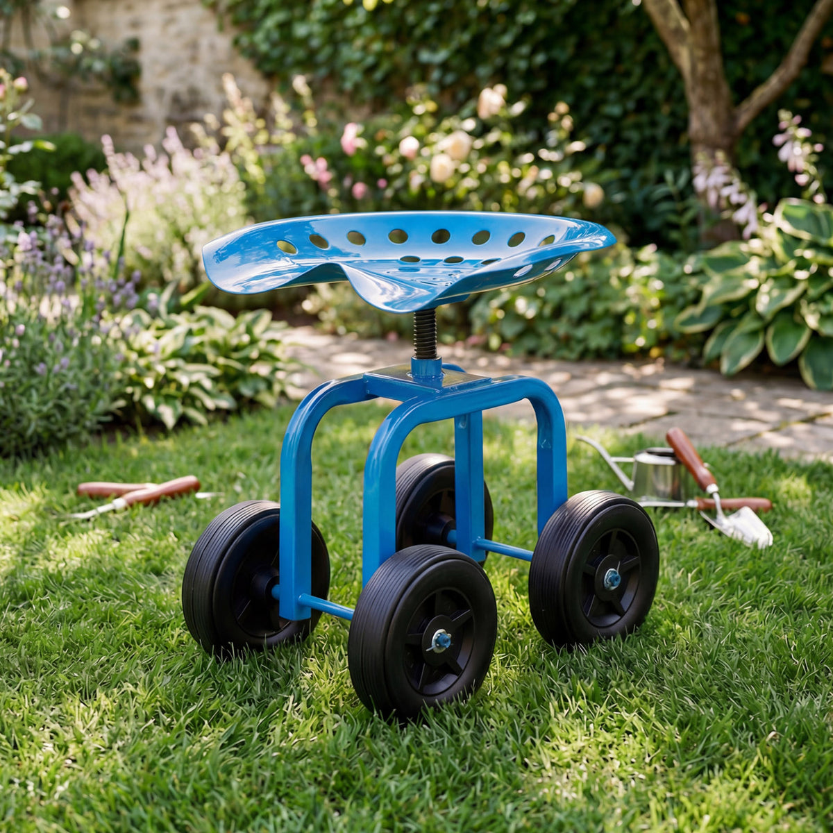 Garden Rolling Workseat with 360° Swivel Seat and Adjustable Height-Blue-Garden Carts-DECOROLALA