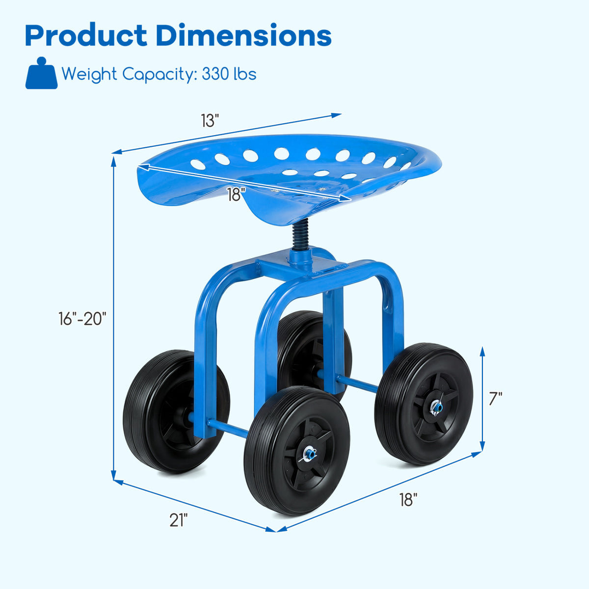Garden Rolling Workseat with 360° Swivel Seat and Adjustable Height-Blue-Garden Carts-DECOROLALA