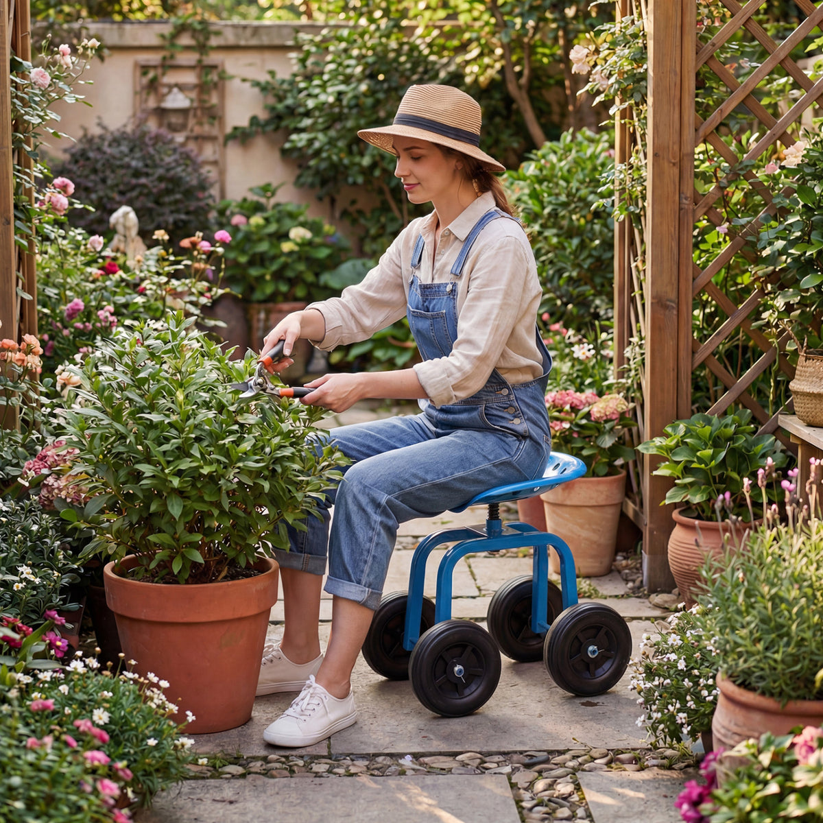 Garden Rolling Workseat with 360° Swivel Seat and Adjustable Height-Blue-Garden Carts-DECOROLALA