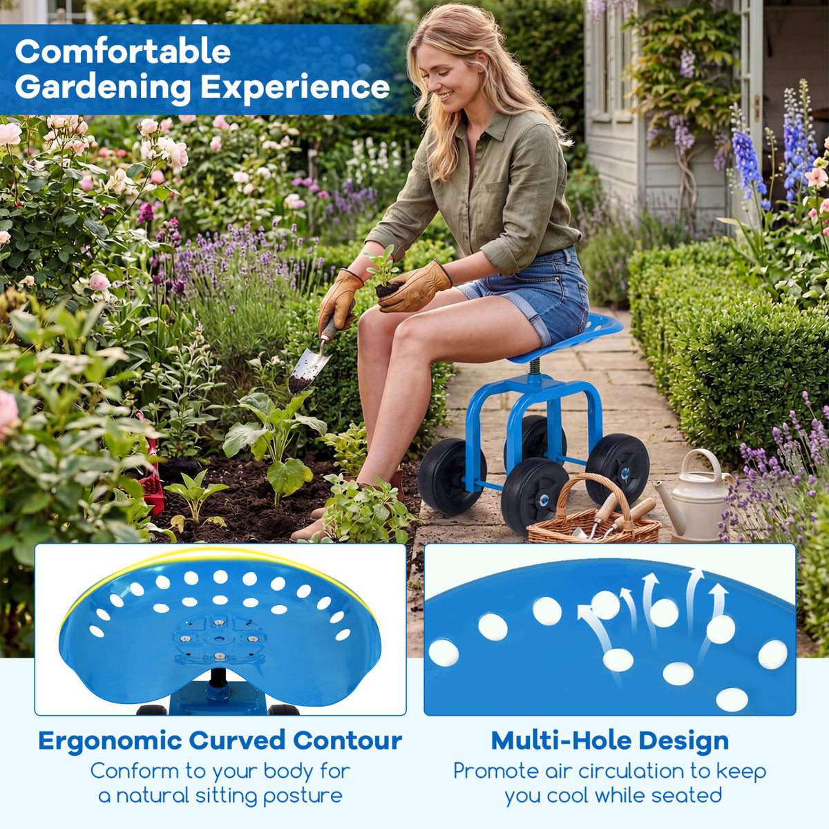 Garden Rolling Workseat with 360° Swivel Seat and Adjustable Height-Blue-Garden Carts-DECOROLALA