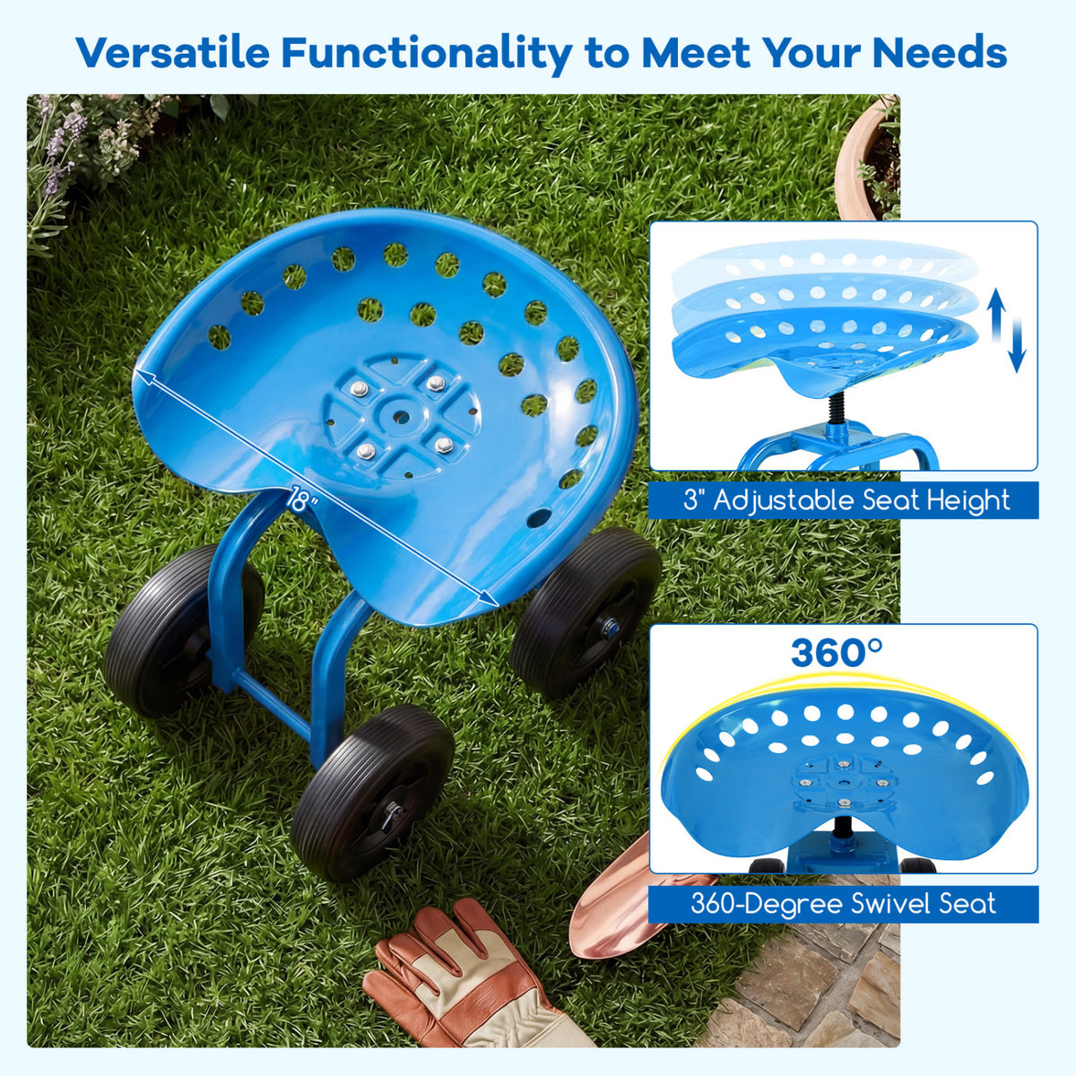 Garden Rolling Workseat with 360° Swivel Seat and Adjustable Height-Blue-Garden Carts-DECOROLALA