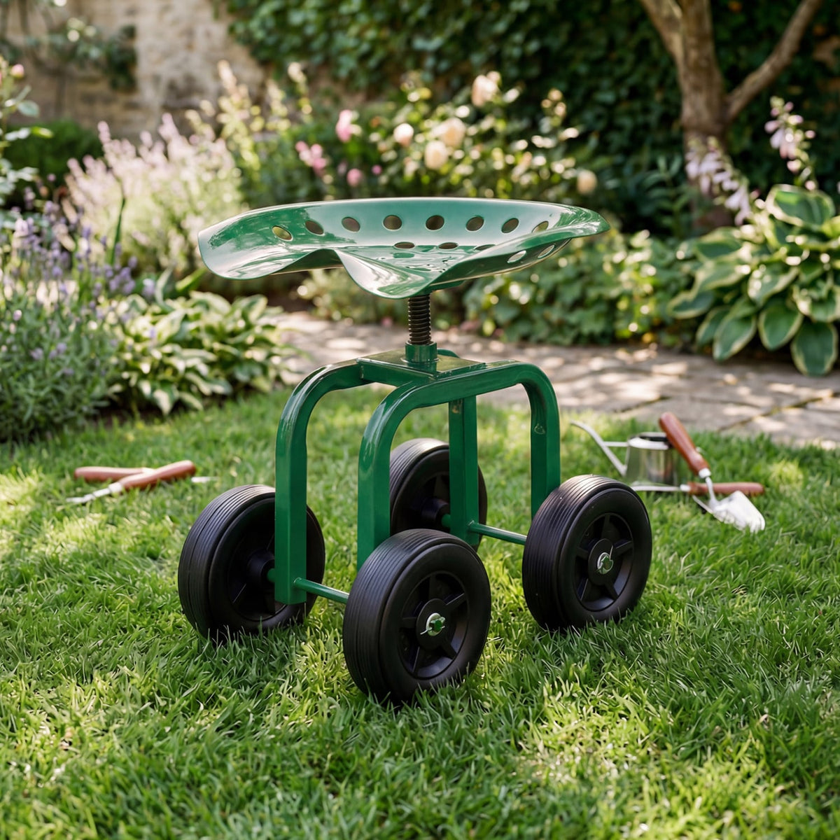 Garden Rolling Workseat with 360°Swivel Seat and Adjustable Height-Green-Garden Carts-DECOROLALA