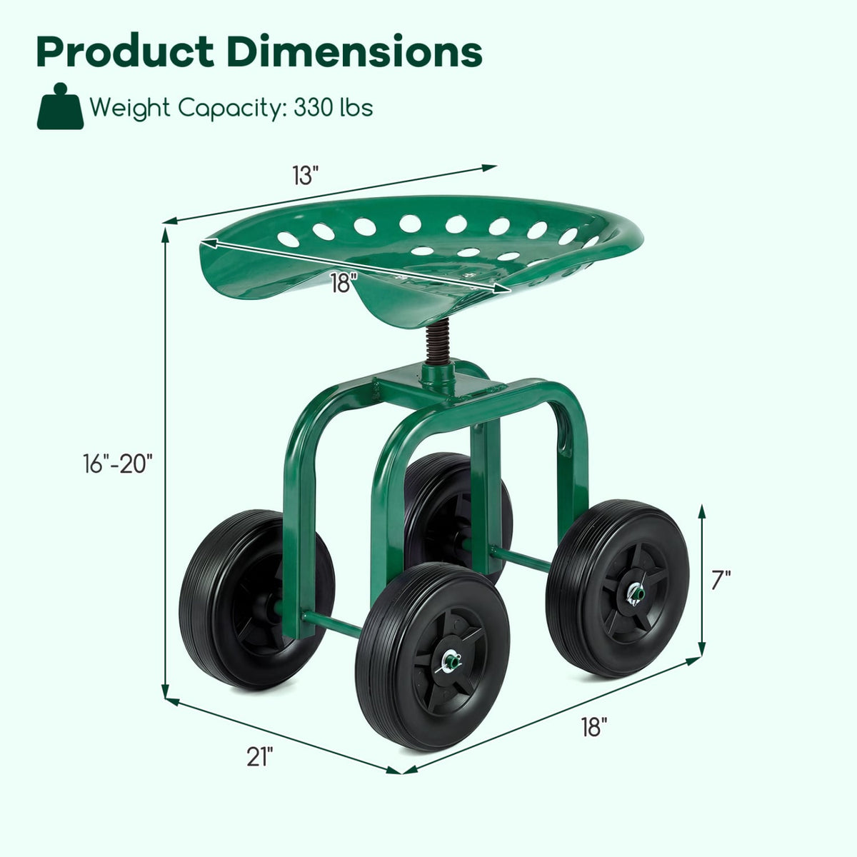 Garden Rolling Workseat with 360°Swivel Seat and Adjustable Height-Green-Garden Carts-DECOROLALA