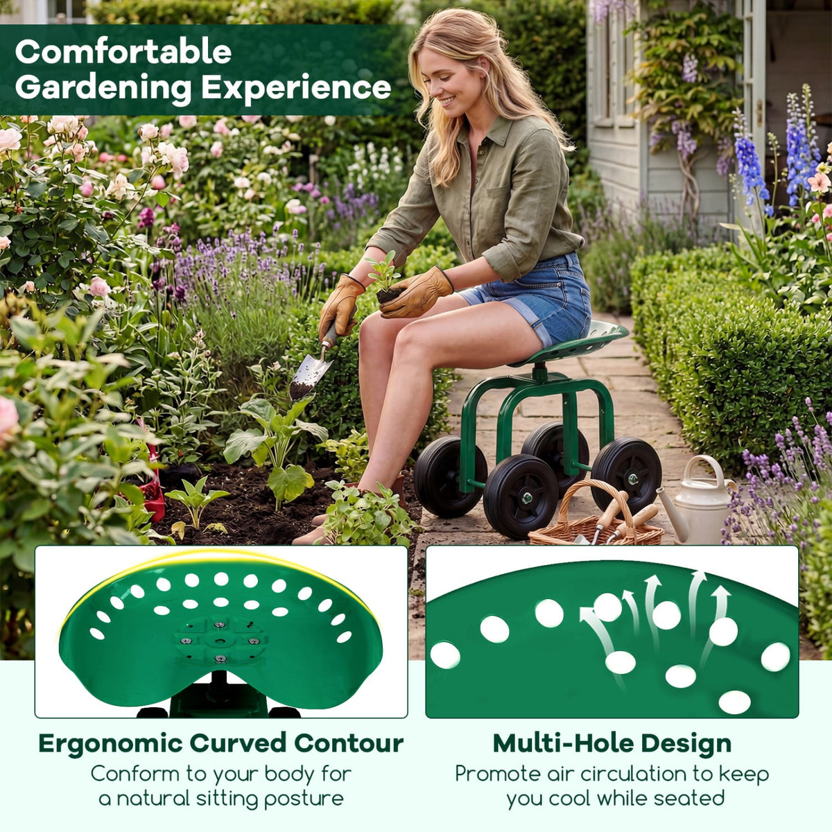 Garden Rolling Workseat with 360°Swivel Seat and Adjustable Height-Green-Garden Carts-DECOROLALA