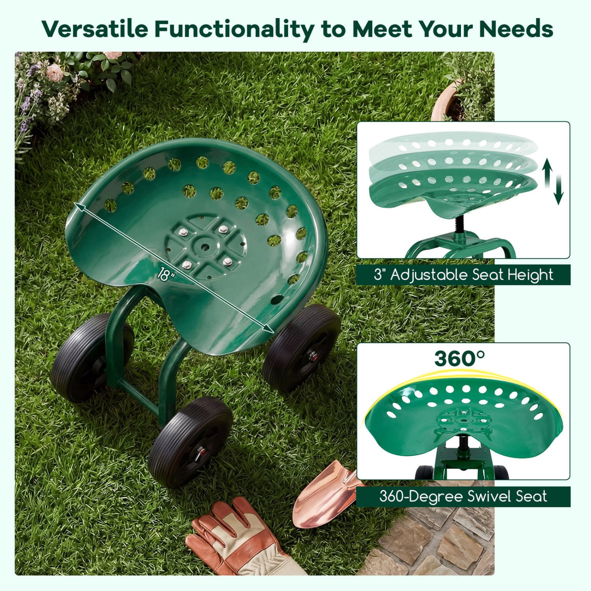 Garden Rolling Workseat with 360°Swivel Seat and Adjustable Height-Green-Garden Carts-DECOROLALA