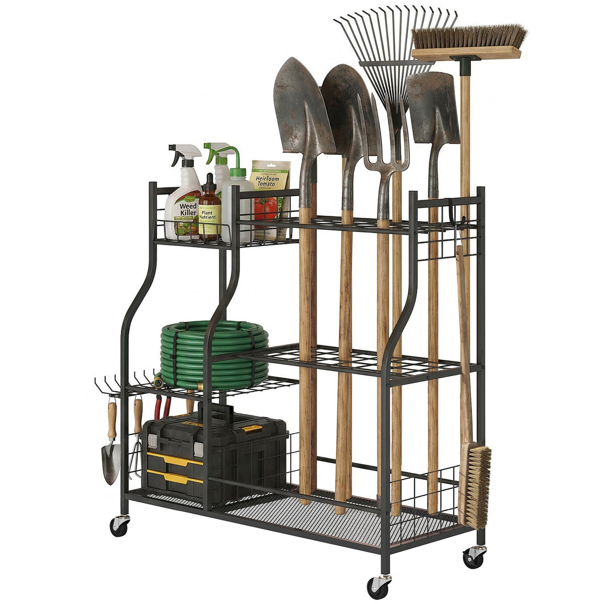 Garden Tool Organizer - 3-Tier Rolling Storage Rack Black-Patio & Garden > Lawn & Garden > Garden Accessories-DECOROLALA