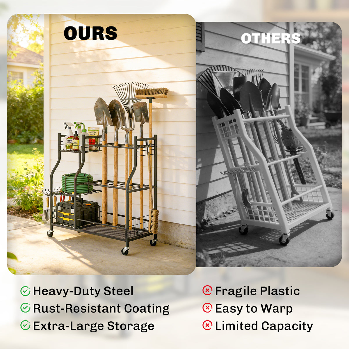Garden Tool Organizer - 3-Tier Rolling Storage Rack Black-Patio & Garden > Lawn & Garden > Garden Accessories-DECOROLALA