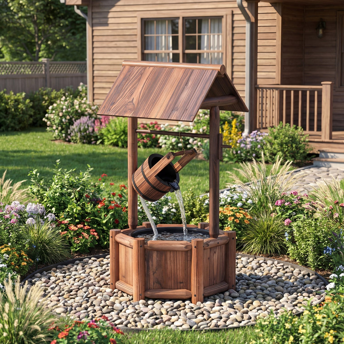 Garden Wooden Wishing Water Fountain with Pump-Outdoor Water Fountains-DECOROLALA