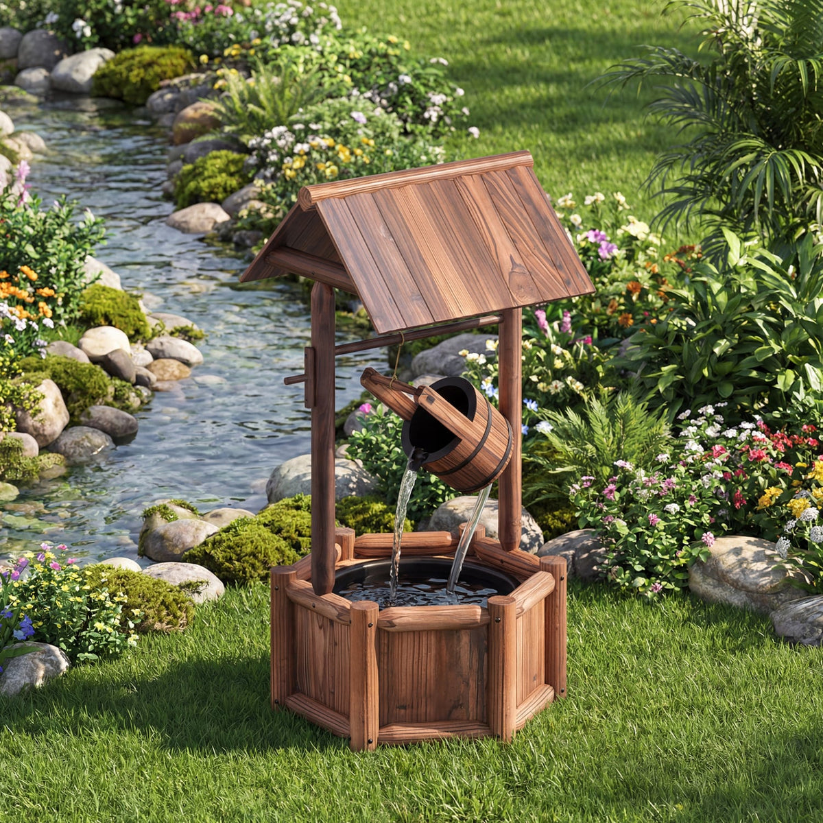 Garden Wooden Wishing Water Fountain with Pump-Outdoor Water Fountains-DECOROLALA