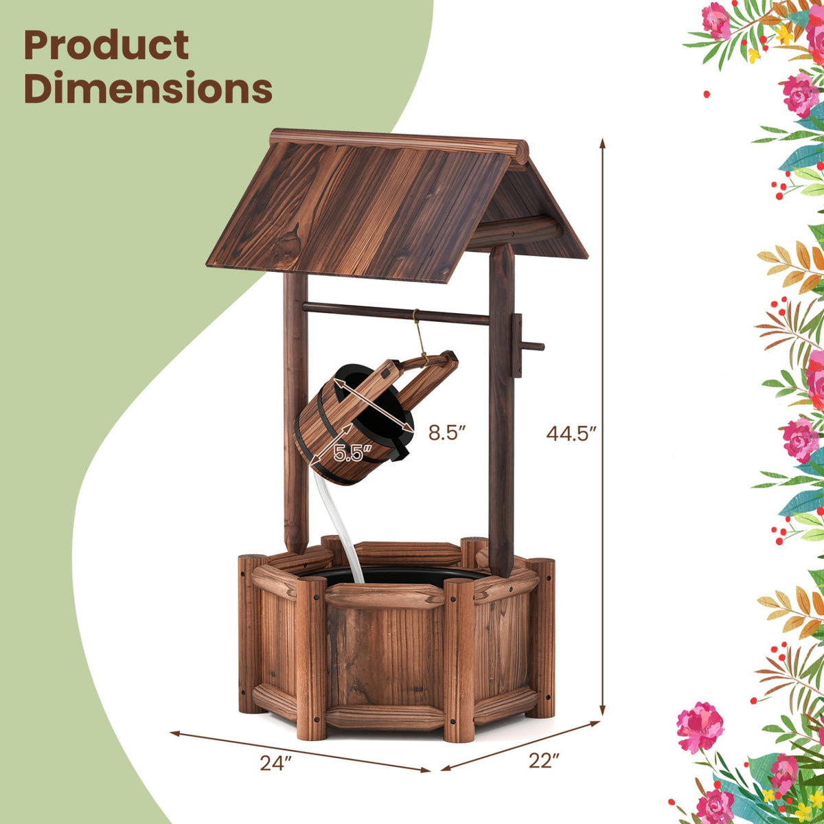 Garden Wooden Wishing Water Fountain with Pump-Outdoor Water Fountains-DECOROLALA