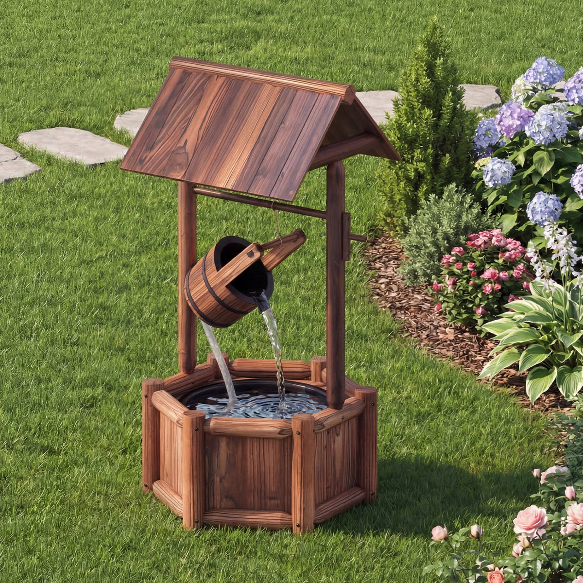 Garden Wooden Wishing Water Fountain with Pump-Outdoor Water Fountains-DECOROLALA