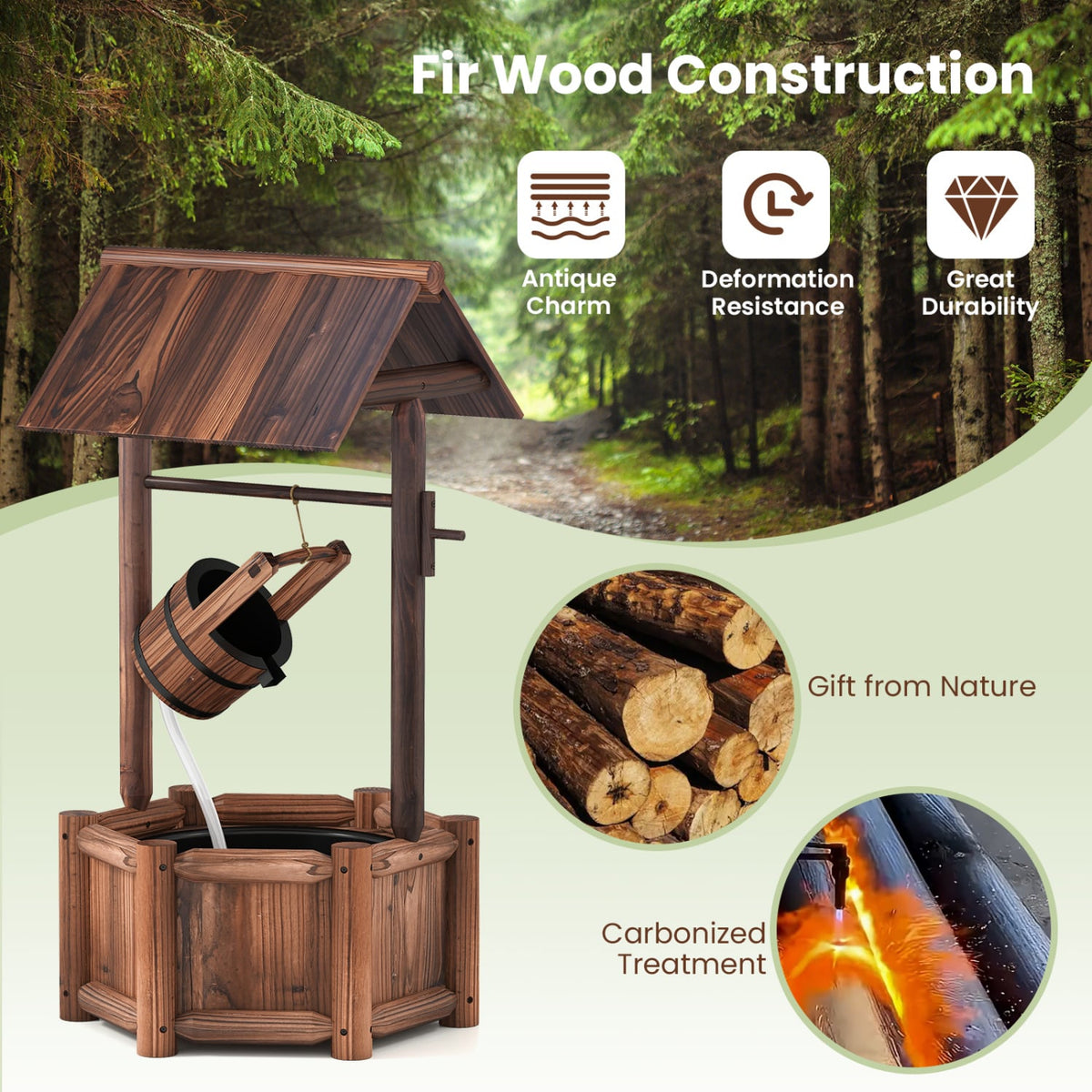 Garden Wooden Wishing Water Fountain with Pump-Outdoor Water Fountains-DECOROLALA