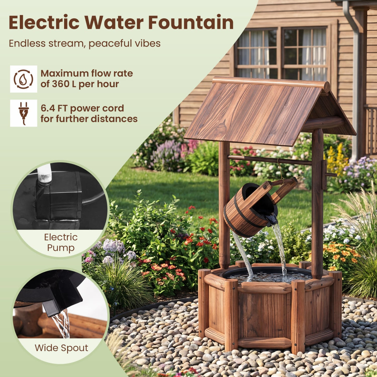 Garden Wooden Wishing Water Fountain with Pump-Outdoor Water Fountains-DECOROLALA