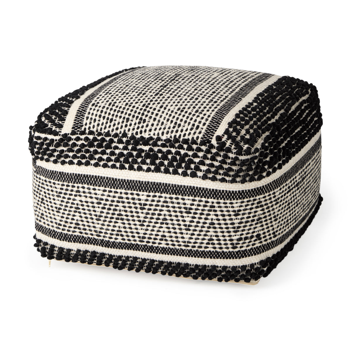 Garima 22.0L x 22.0W x 14.0H Black/White Wool and Cotton Patterned Pouf-Poufs-DECOROLALA