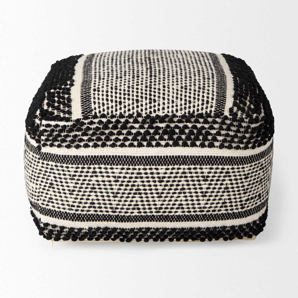 Garima 22.0L x 22.0W x 14.0H Black/White Wool and Cotton Patterned Pouf-Poufs-DECOROLALA