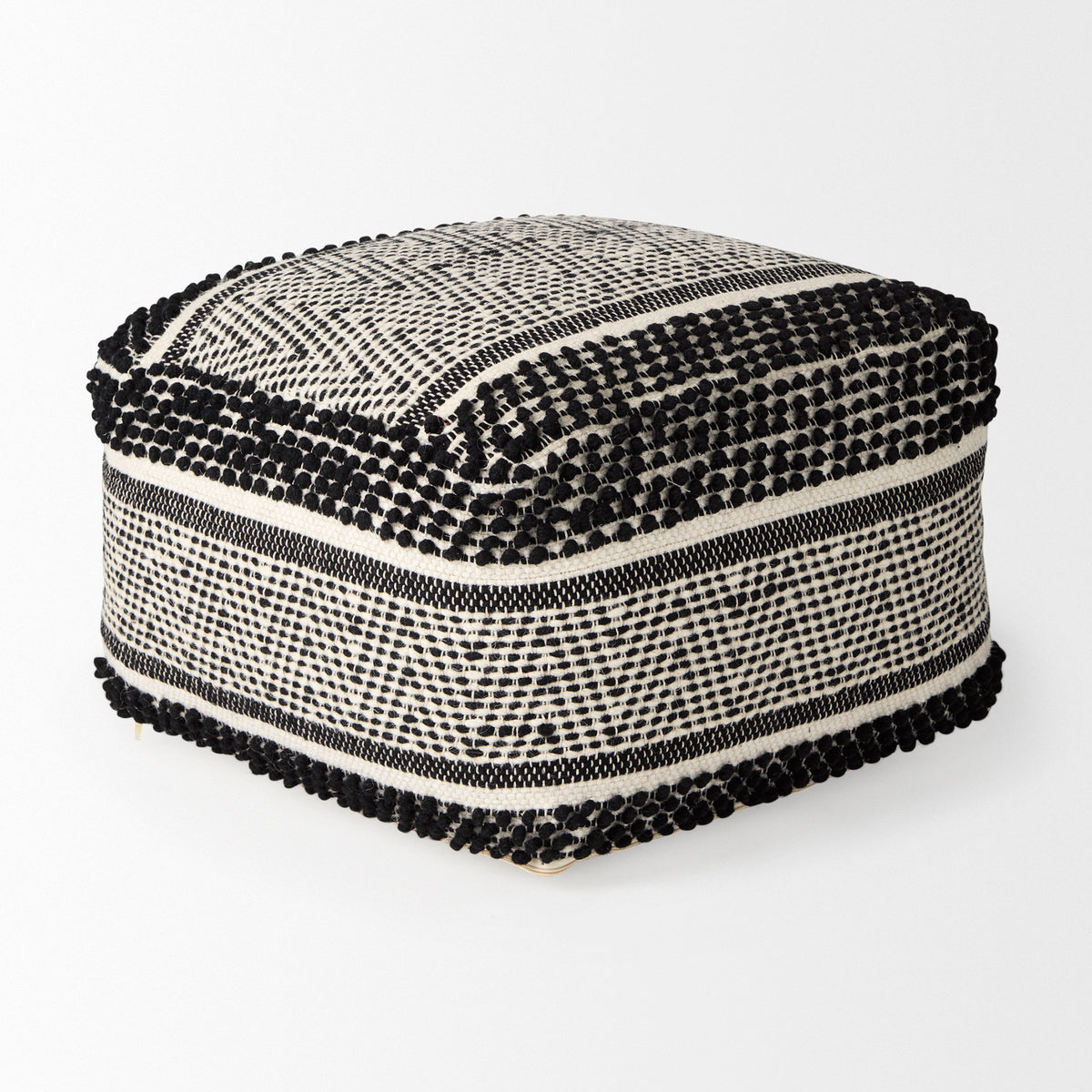 Garima 22.0L x 22.0W x 14.0H Black/White Wool and Cotton Patterned Pouf-Poufs-DECOROLALA