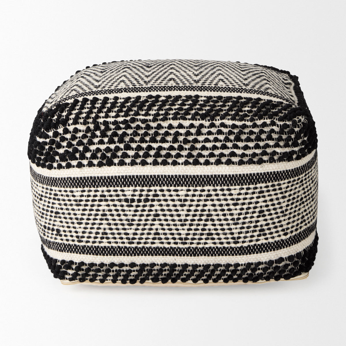 Garima 22.0L x 22.0W x 14.0H Black/White Wool and Cotton Patterned Pouf-Poufs-DECOROLALA