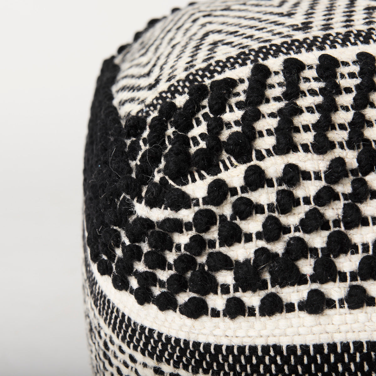 Garima 22.0L x 22.0W x 14.0H Black/White Wool and Cotton Patterned Pouf-Poufs-DECOROLALA