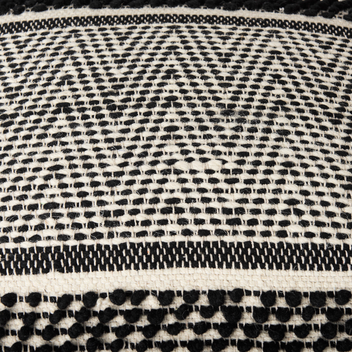 Garima 22.0L x 22.0W x 14.0H Black/White Wool and Cotton Patterned Pouf-Poufs-DECOROLALA